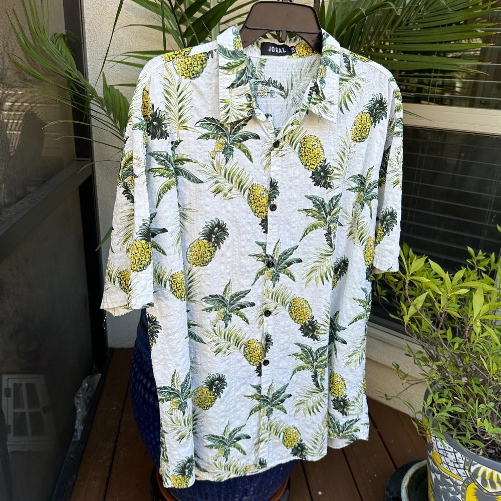 JOGAL Men's Pineapple Print Camp Shirt